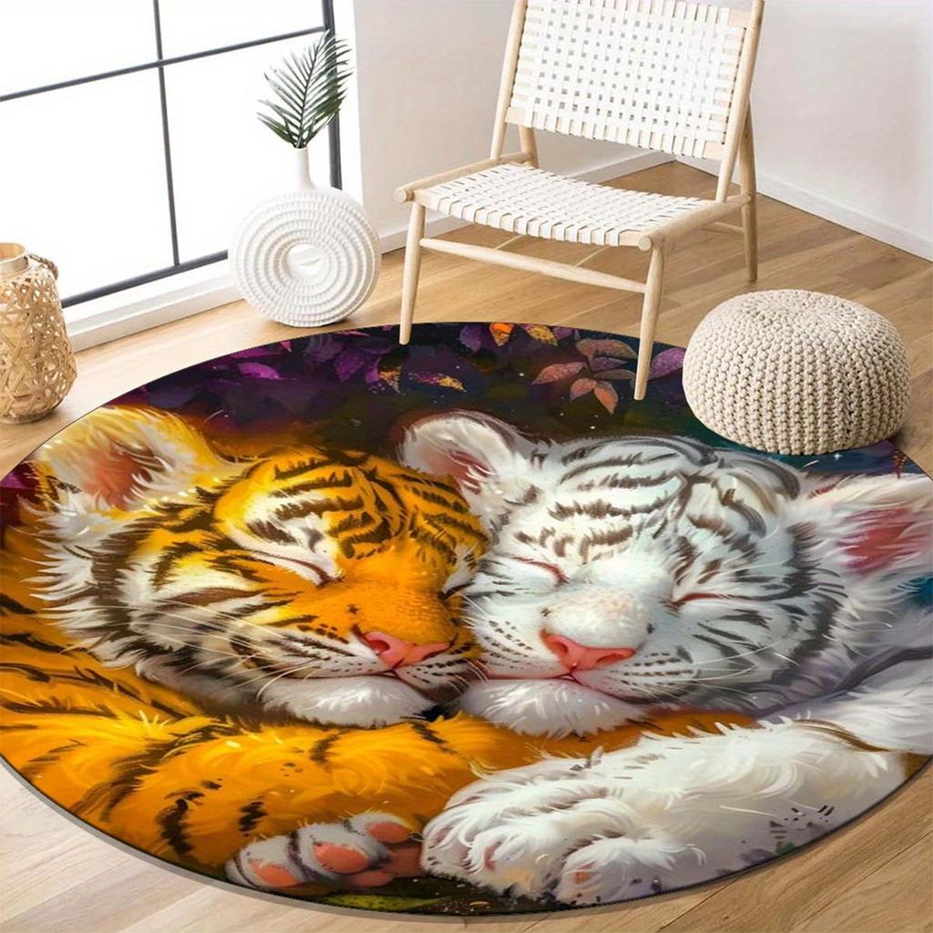 1Pcs Tiger Pattern Round Area Rug Indoor Non-Slip Washable Fiber Carpet Soft Comfortable Mat For Bedroom Living Room