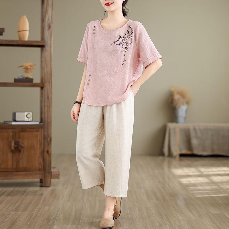 Mid-Age Women's Summer Cotton Linen Embroidered Two-Piece Set: Short Sleeve Top & Pants, Plus Size, Loose Fit