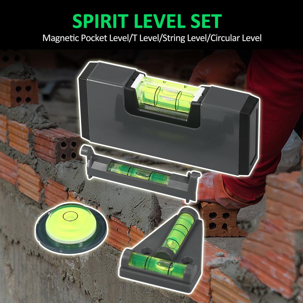 Mini Level Tool Set 4 In 1 Portable Small Bubble Level Magnetic Pocket Level T Level String Level Circular Level