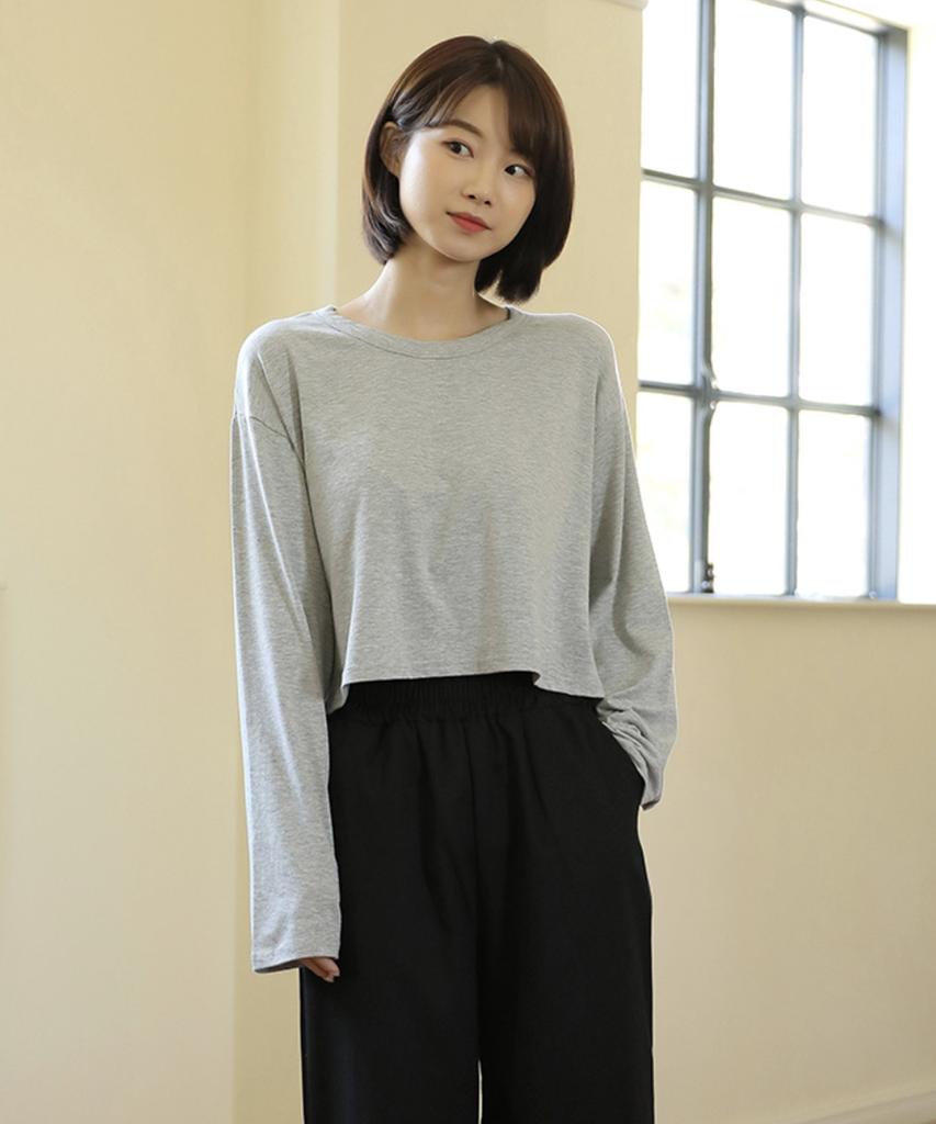 Ppaeppae Modal Spandex Loose Fit Cropped Long Sleeve T-Shirt