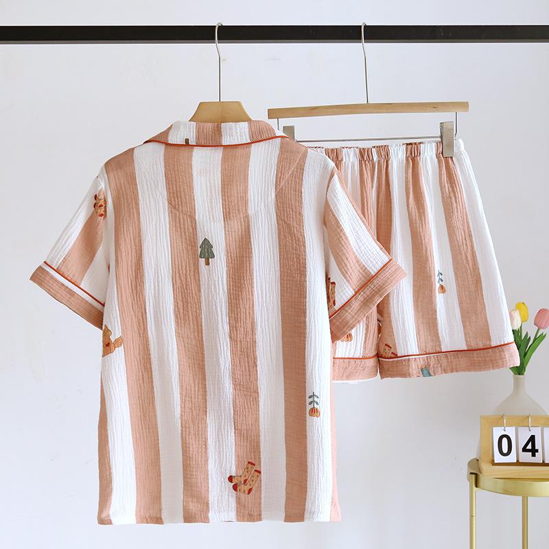 Neues japanisches Damen-Sommerpyjama-Set mit kurzen Ärmeln und Shorts, Damen-Baumwollkrepp, vertikal, niedliches Heimtextilien-Zweiteiler-Set
