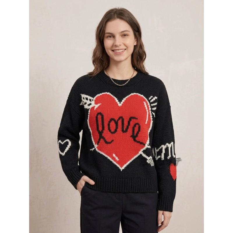2026 Winter Womens Loose Knit Sweater With Heart Detail Round Neck Long Sleeve Cotton Blend Pullover Casual Office Wear