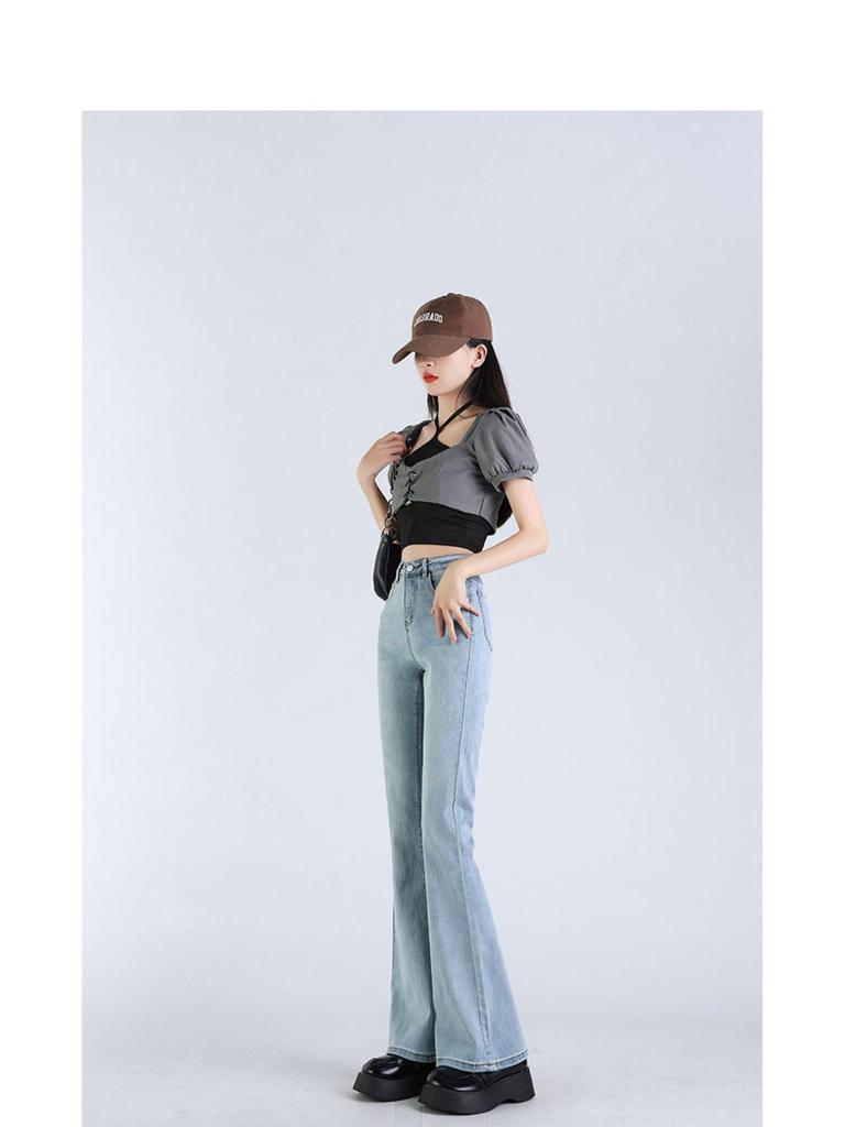 Women's High-Waisted Light Blue Micro-Flared Jeans - 2024 Spring/Autumn Versatile Long Pants.