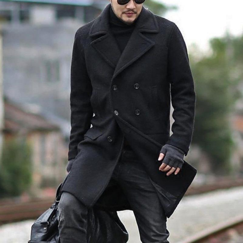 20 winter new double-breasted medium-length men's lapel woolen trench coat wish