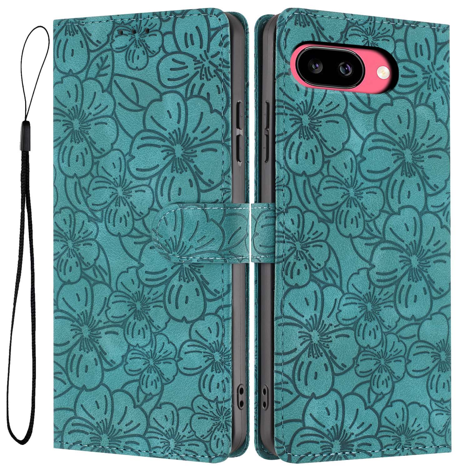 

For Google Pixel 9a Flip Case Cherry Blossom Pattern Leather Wallet Stand Phone Cover with Wrist Strap
