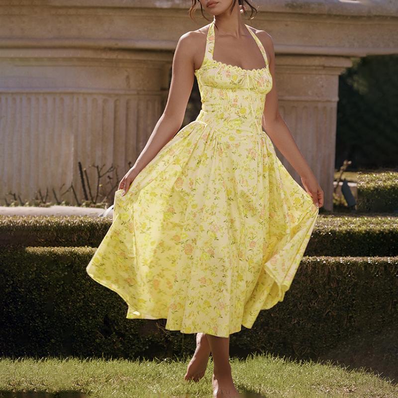 

ZANZEA Лето Богемия Женское Платье с Холтером Цветочный Принт Вечеринка Пляж Плиссированное Длинное Платье 5XL жёлтый