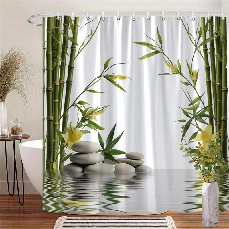 

1-Pack Bamboo And Stone Shower Curtain, Green Bamboo, White Zen Stones, Yellow Flowers And Reflective Water Pattern, With Hook 90X180cm