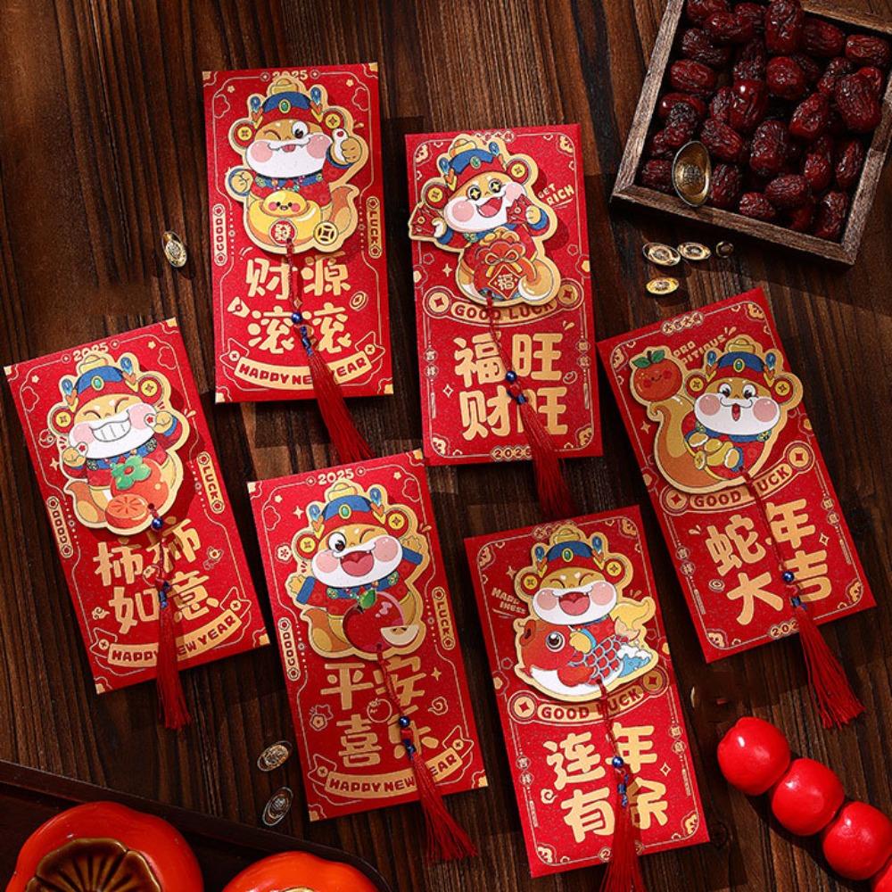 

6pcs with Tassel Chinese New Year Red Envelope Hollow Red Packet HongBao Year of The Snake Style A