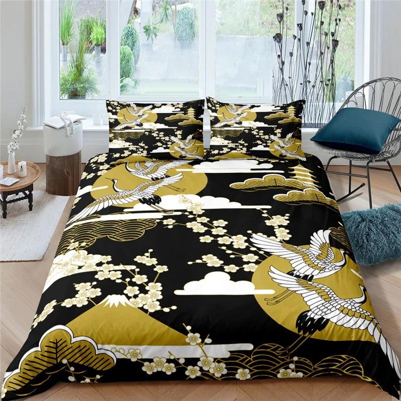 Japanese Crane Duvet Cover King Queen Size Wave Flower Ukiyo-e Style Bedding Set Eastern Culture 2/3pcs Polyester Quilt Cover
