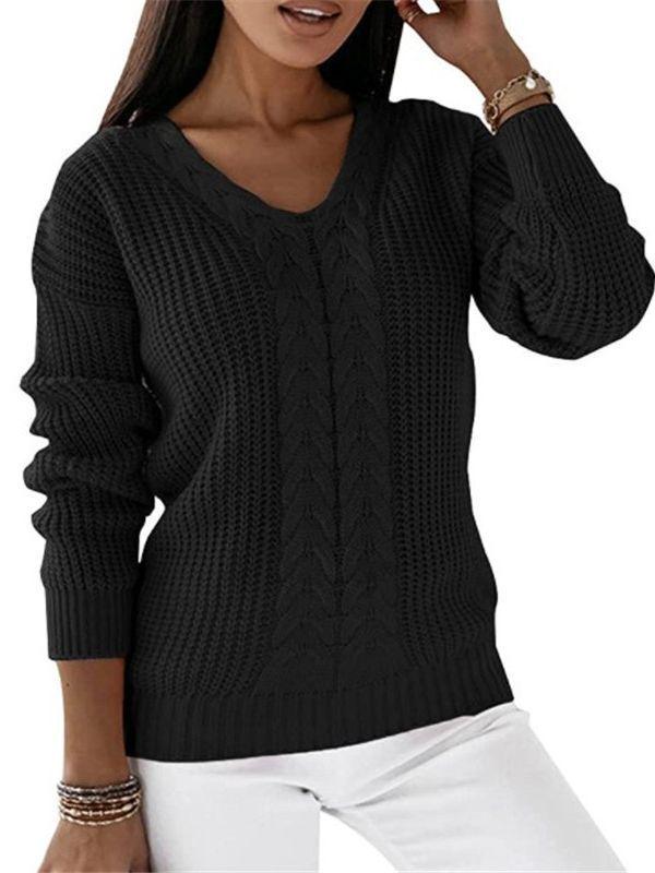 European & American Women's V-Neck Cable Knit Sweater - Long Sleeve Solid Color Casual Pullover Top