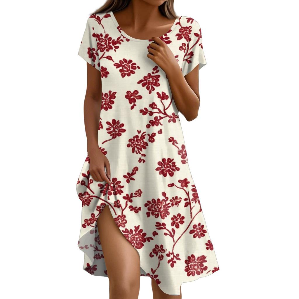 Abito boho a maniche corte per donna, casual, ampio, estivo, con stampa floreale e tasche