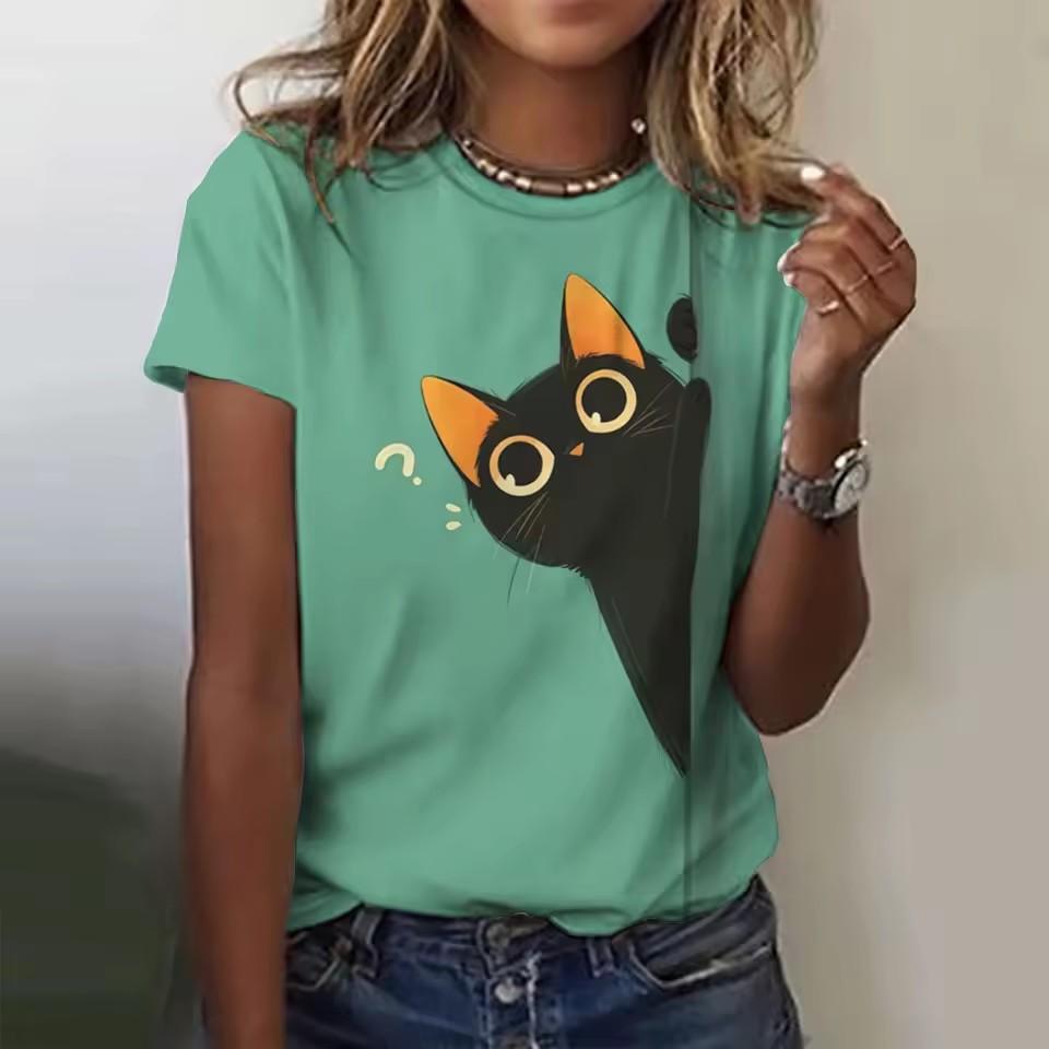 Summer Round Neck 3D Animal Cat Print Top Fashionable Casual Short Sleeved Women's T-shirts