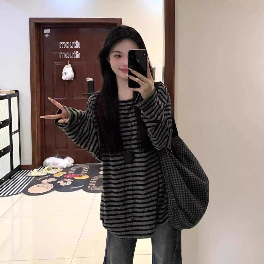 Women's Retro Black & Gray Striped Long-Sleeve T-Shirt - Korean Style, Loose Fit, Early Autumn Collection