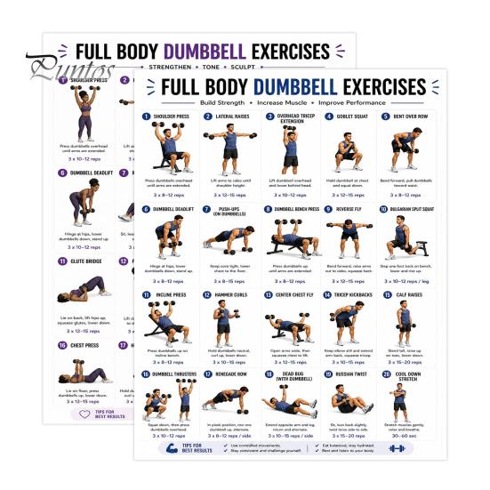 Professional Weight Training Chart 2 Pcs Dumbbell Workout Poster, Full Body Exercise Lifting Instruction Poster Wall Art, Strength Fitness Guide