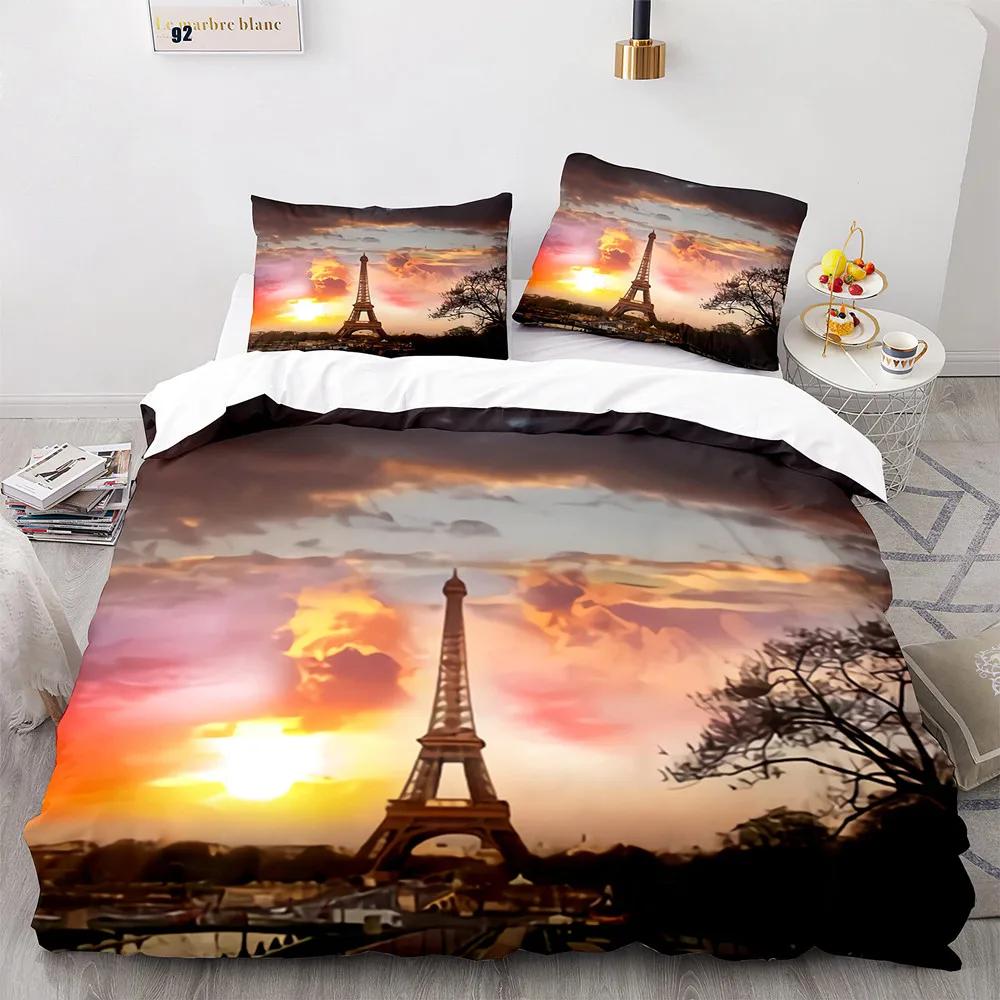 Eiffel Tower Duvet Cover Set King Size Paris Cityscape Twin Bedding Set Modern French Style Polyester Comforter Cover Boys Girls