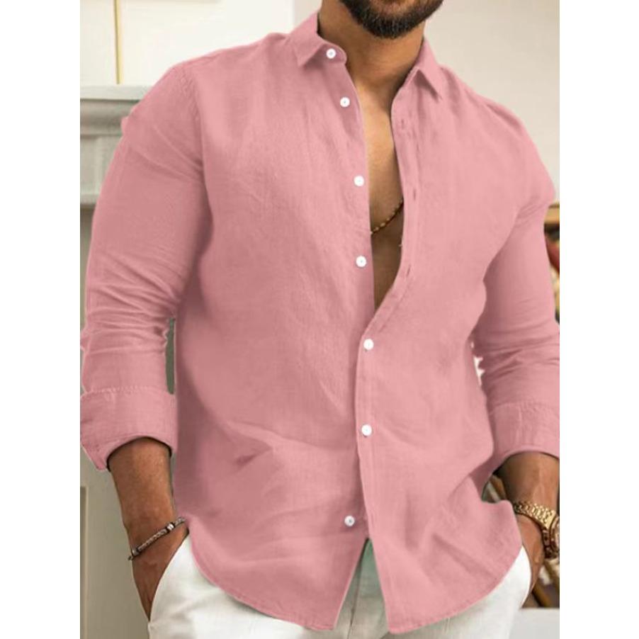 Camicia da Uomo a Maniche Lunghe Primavera Autunno Moda Colore Unico Collo a Revers Tasca Bottoni Top