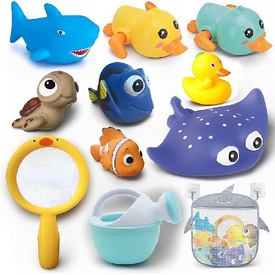 No Hole Bath Toys for Babies 6-12+ Months, Wind-up Swimming Ducks & Boat Bath Toys for Kids Ages 1-3, Baby Pool Toys Fishing Net Water Toys Watering