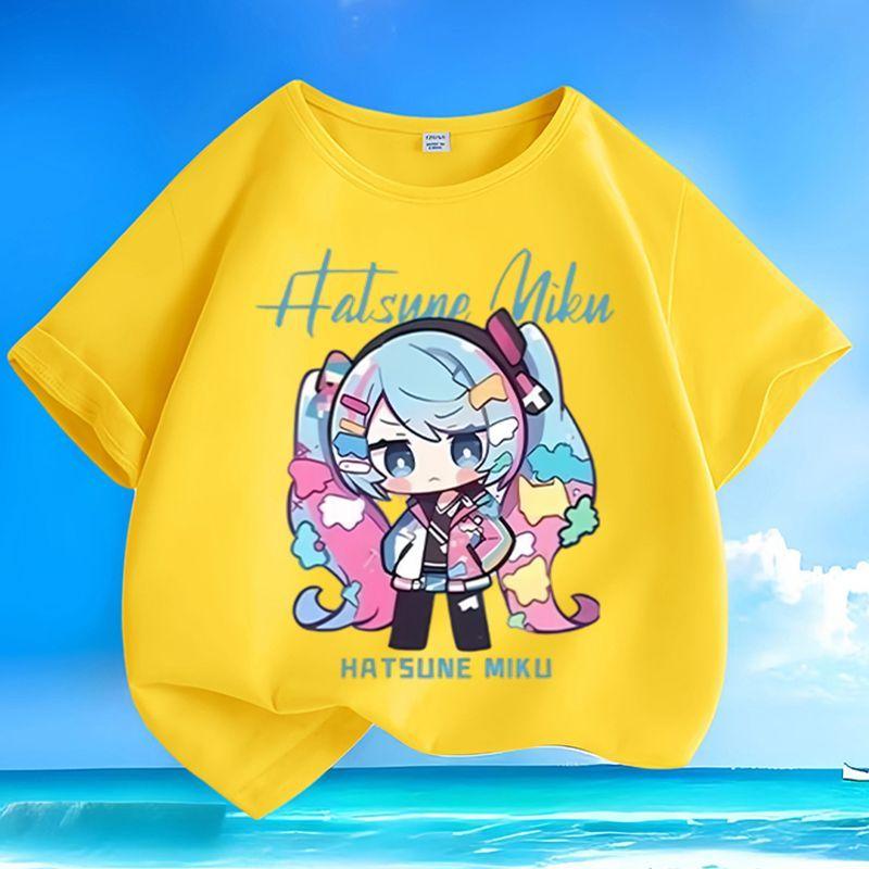 Newly Designed Printed Q-version Cute Hatsune Miku Boy-girl Children's Summer Pure Cotton Loose Casual Short-sleeved Shirt