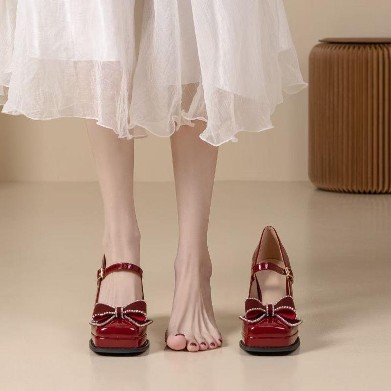 Fashion Women Pumps Platform High Heels Wedding Shoes Patent Leather Red Mary Jane Shoes Bow Buckle Strap Square Toe Chunky Heeled Shoe