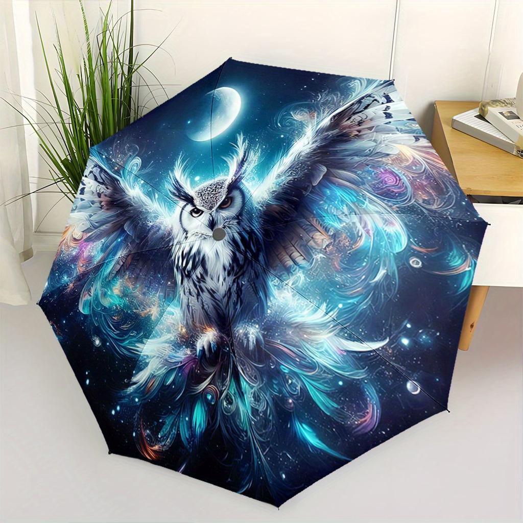 Automatic Open/Close Umbrella with One-Touch Button - Elegant Owl & Cosmic Night Sky Design, Compact Travel Umbrella with 8-Ri
