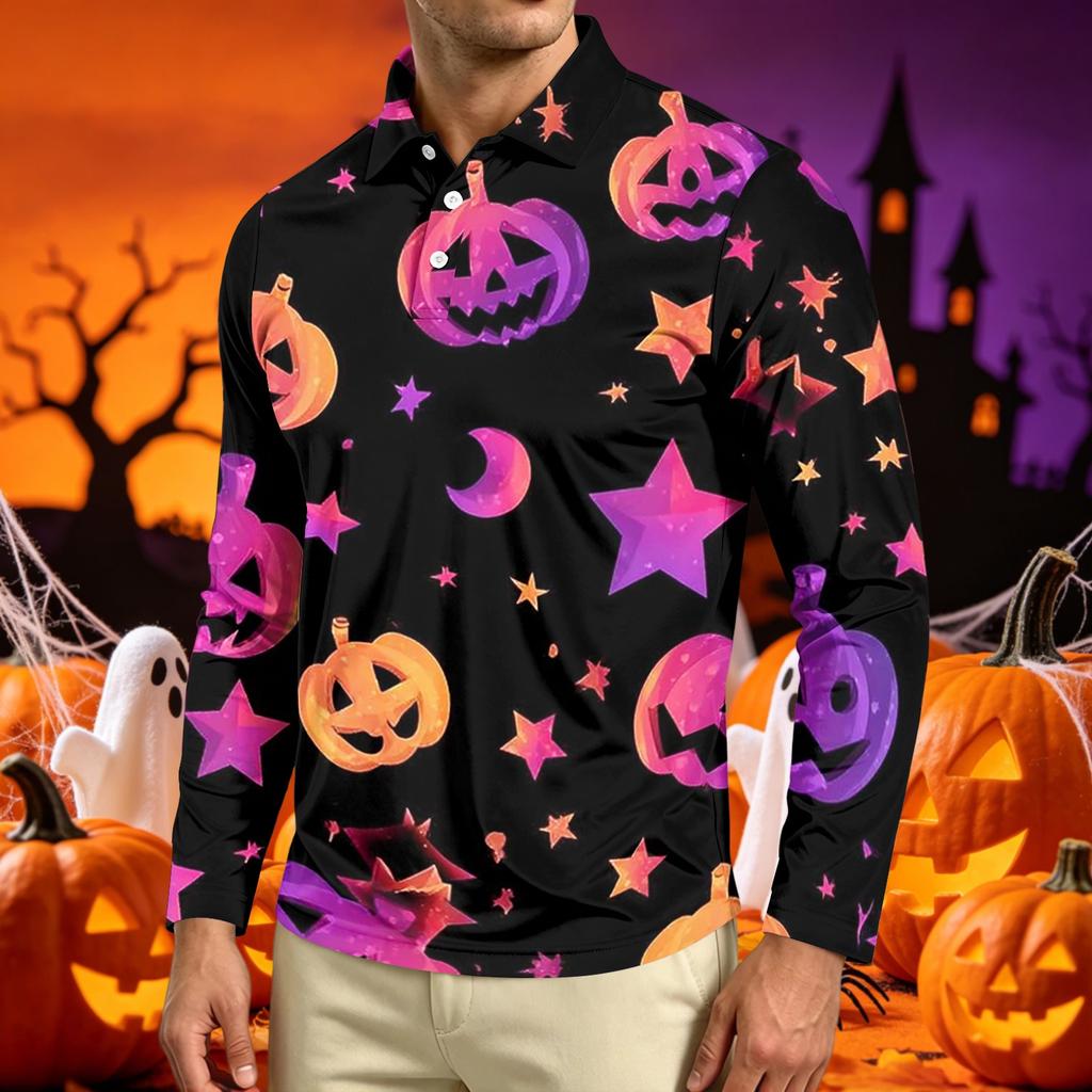 Men's Long Sleeve Casual T Shirt Crew Neck Printed Halloween Pumpkin Stars Moon Pattern Comfortable Fit Lightweight Top