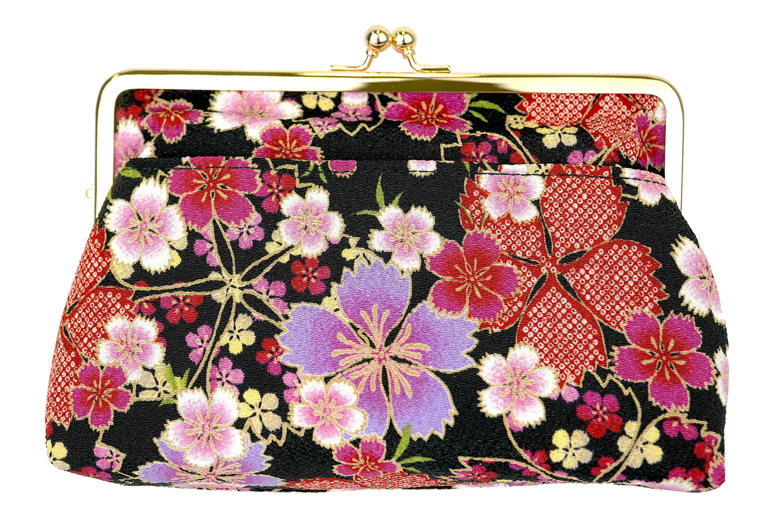 Wa KOMONO Komon Kobo Uni Сделано в Футаго Чиримен Чиримен Японский узор Косметичка с застежкой Свободный размер (N0111-7) Сени, Япония, Застежка, Черный,