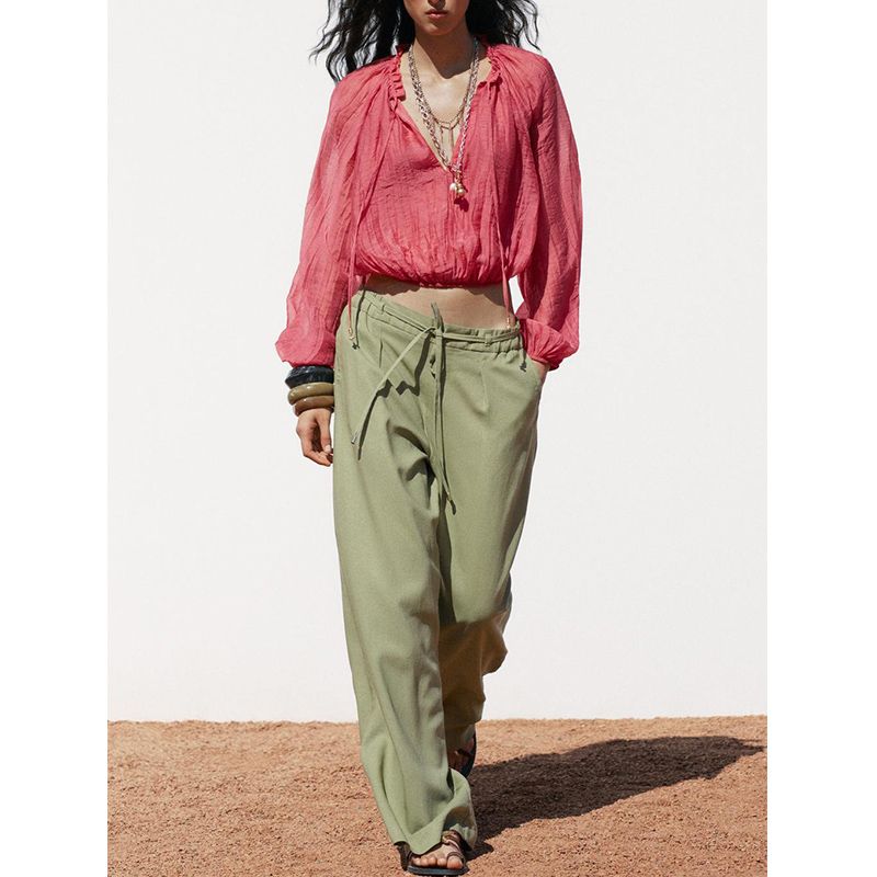 Summer New Product Women's Clothes Pleated Decorative Linen Blend Plaid High Waist Wide Leg Casual Trousers 4745024
