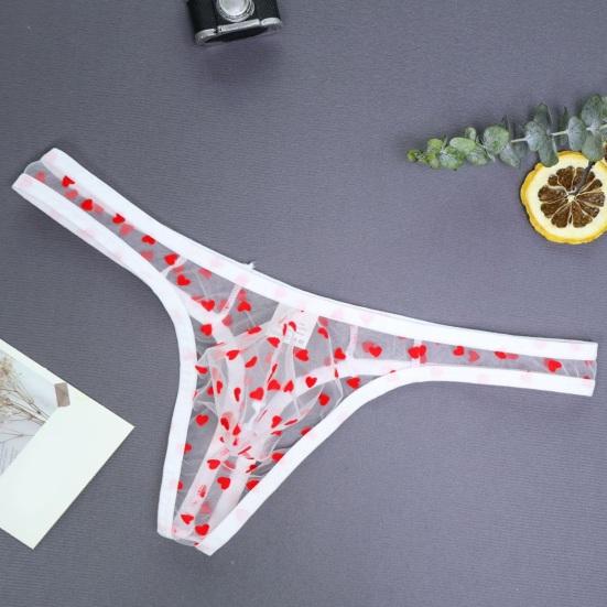 Men Thong Low Waist Perspective Design Breathable Panties Heart Pattern Briefs Mesh Romantic Valentine Day Briefs