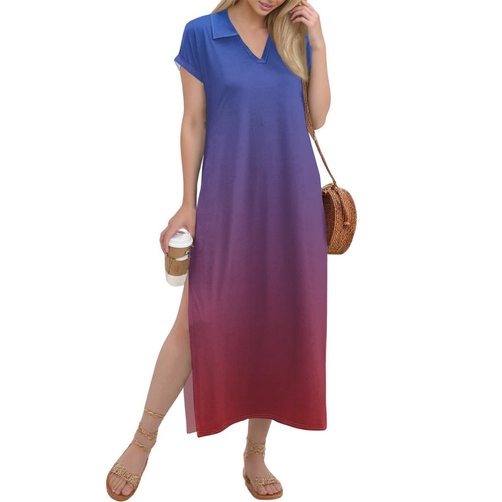 Damen Langer Rock Lässiges V-Ausschnitt Langes Hemdkleid Lockerer Schlitz Urlaub Kurzarmkleid