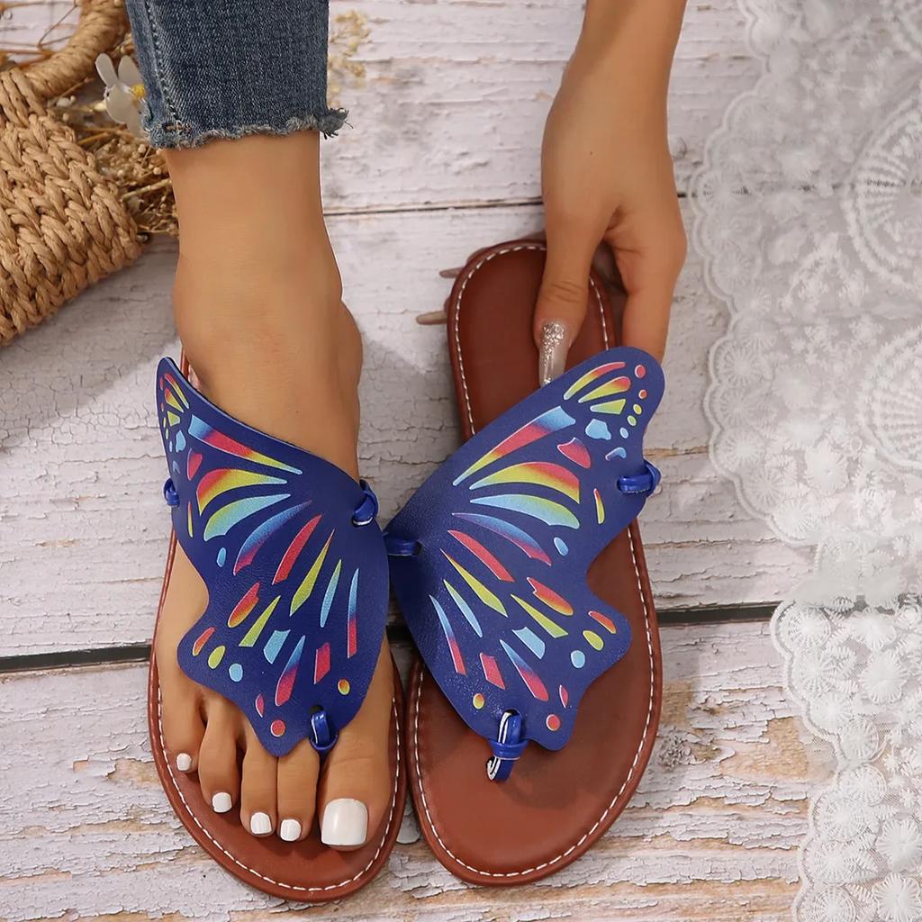 Women Butterfly Graffiti Slippers2025 Summer Fashion Lightweight Anti Slip Flat Bottom Flip Flops Outdoor Beach Casual Shoes
