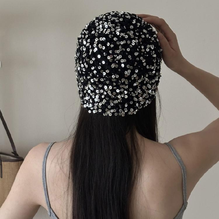 Reflective Sequined Hat Stackable Design Comfortable Pullover Hollowout Hat For Women Daily and Evening Party Photo Wear