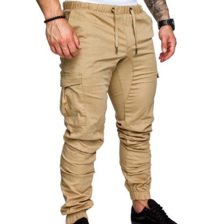 Skinny Cargo Pants Casual Men Solid Color Drawstring Waist Ankle Tied Pockets
