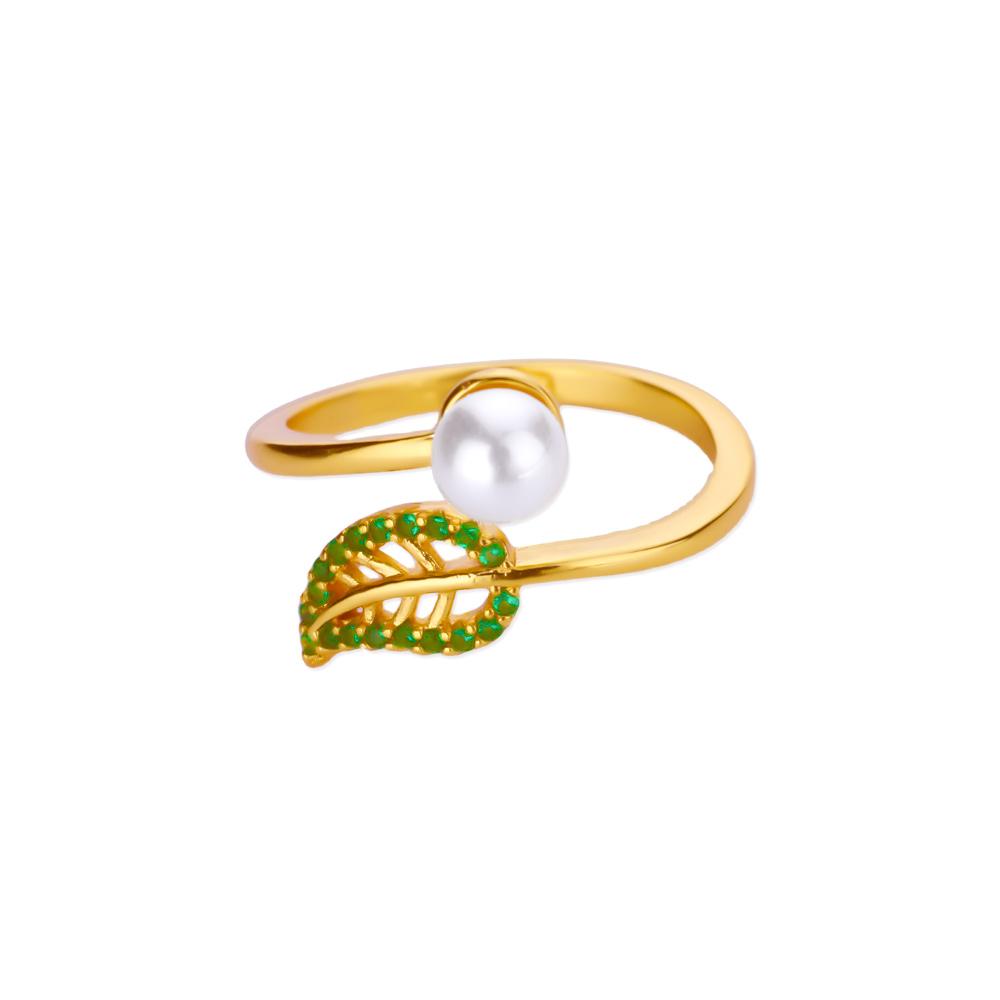 Luxury Zircon Green Leaf Rings For Women Gold Color Imitation Pearl Leaf Ring Engagement Wedding Aesthetic Jewelry Gift resizable