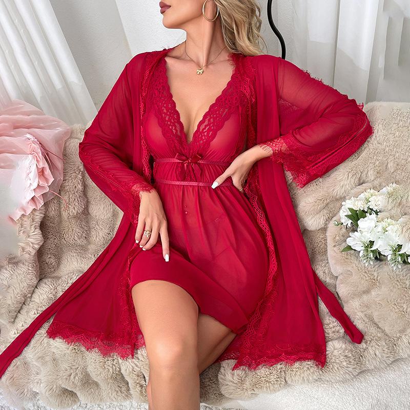 Sheer V-Neck Backless Loungewear Set Sexy Two-Piece Nightgown for Women 062+685 Complete Flirty Sleepwear Perfect for Relaxing In Style