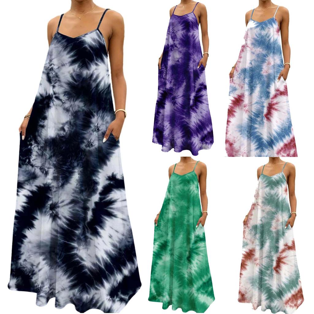 Damen Tie-Dye Maxikleid Ärmellos Spaghettiträger Lässig Lockerer Schnitt Lang Sommer-Sonnenkleid Mit Taschen Für Frühling Und Sommer