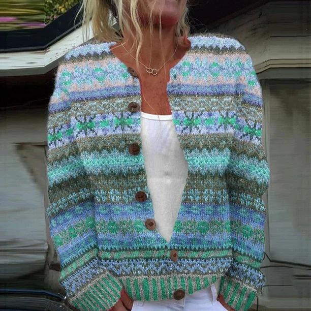 Women's Faux Wool Sweater: Winter 2025 Ancient Tribe Totem Print with Buttons