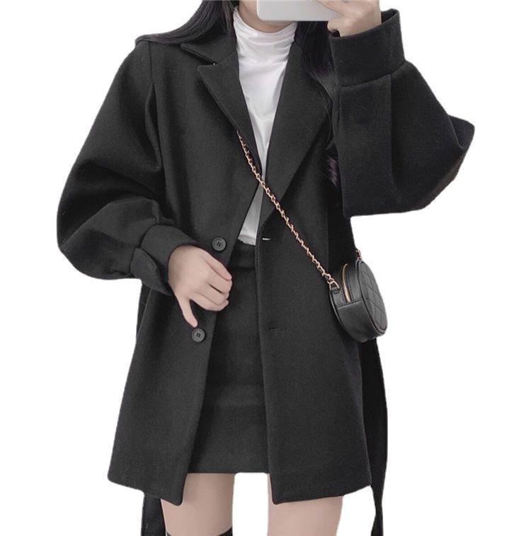 Koreanischer Wollmantel: Hepburn-Stil, mit Riemen, Temperament, kleiner Anzugkragen, mittellang, dünne Herbst-/Winterbekleidung für Damen