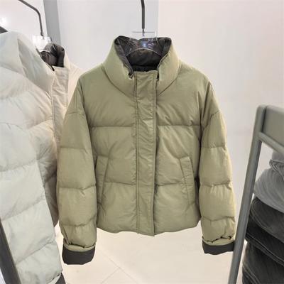 Winter Kontrastfarbe Neue verdickte Daunenjacke Damen Brotjacke Stehkragen Kurz Locker Kleine weiße Entendaune