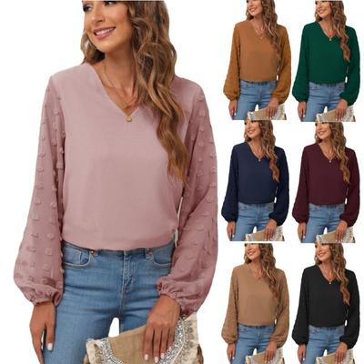 Women's Plus Size Swiss Dot Sleeve Shirt Ladies Casual V Neck Solid Shirt For Spring & Fall Women's Clothing Fashion