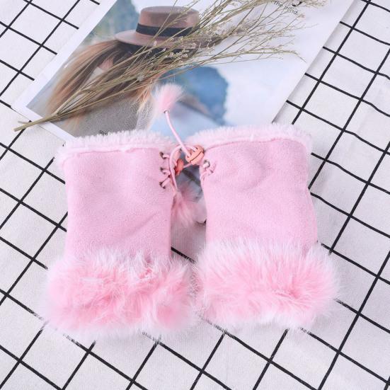 Women Fingerless Gloves Winter Suede Faux Fur Gloves Warm Fuzzy Half Finger Mittens for Women Girls Teens Writing Typing