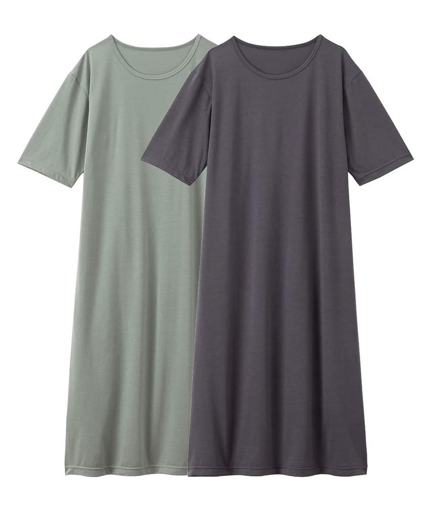 Pajamas and Loungewear Room Cotton Loose Sleeve Room Ash Green Charcoal L [Nissen] Tops, 3-second Dress, 2-piece Set, Blend, Fit, 5/8 Dress, + Gray,