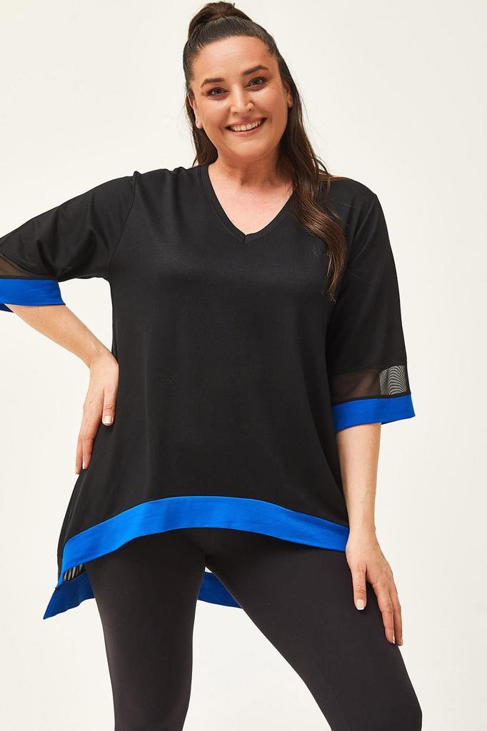 Women's Big Size Blouse Plus Size Black-Green Blouse with Tulle Detail On Sleeves and Skirt