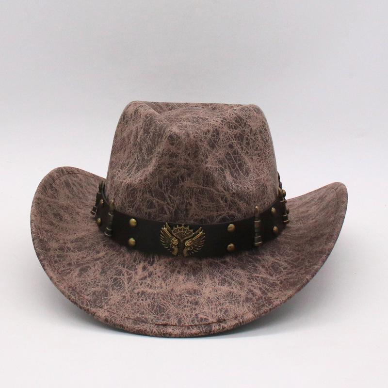 Unisex Pu Leather Western Cowboy Hat Metal Engraved Bull Head Rivet Belt Hat Party Hat