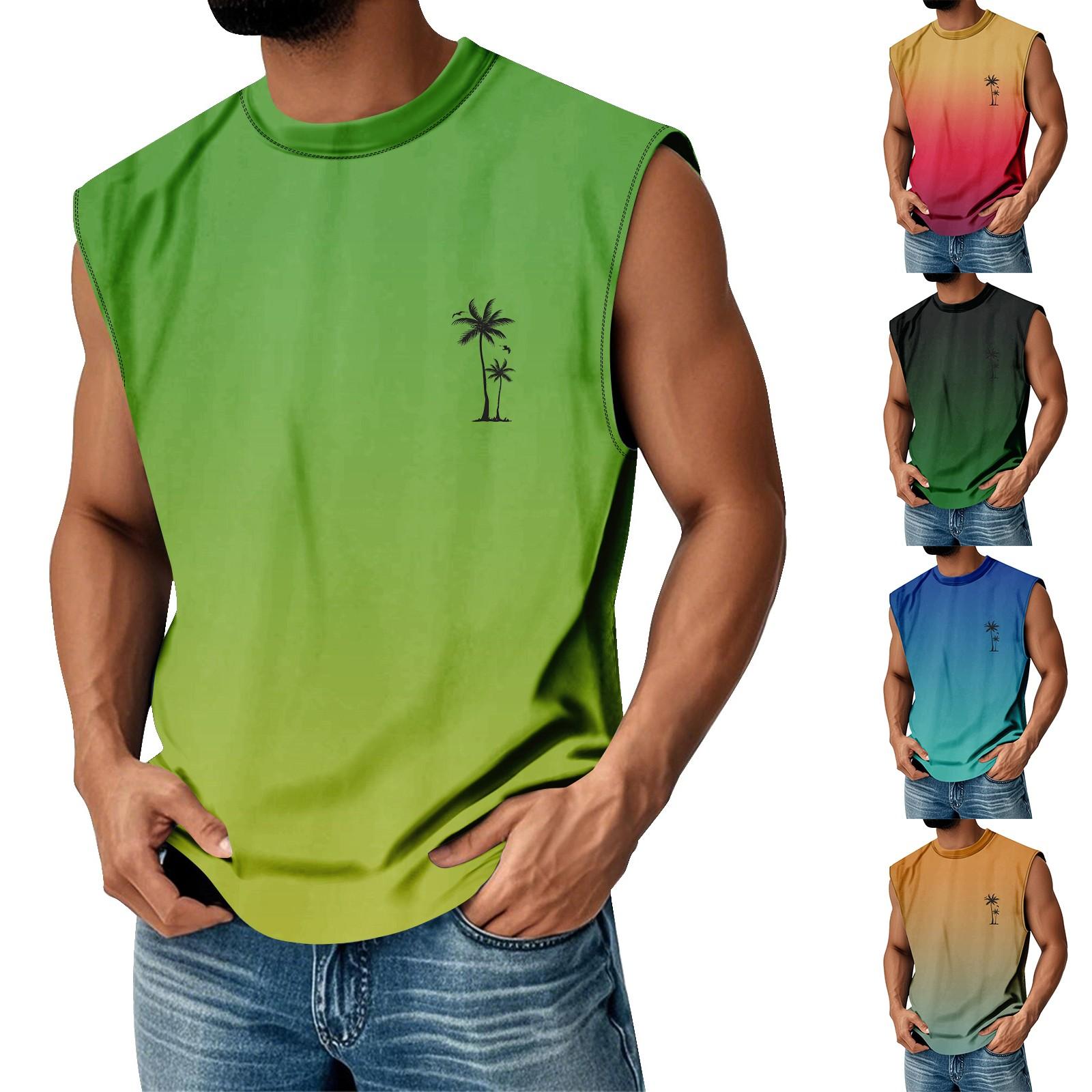 

Мужская летняя майка без рукавов с принтом, круглым вырезом и градиентом, спортивная, в стиле кэжуал XXL зелёный