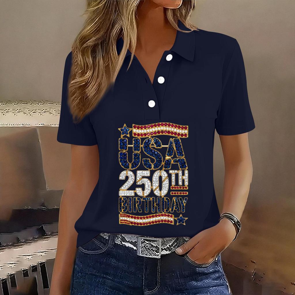 Women's Casual Short Sleeve Button Polo Shirt USA 250th Anniversary Print Relaxed Fit Lightweight Summer Top