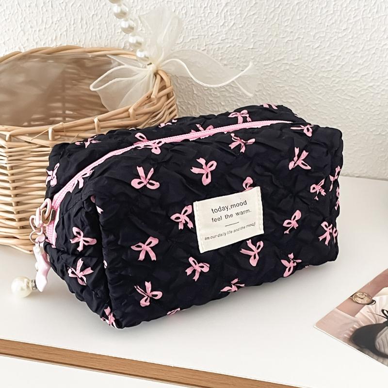 Módny štvorcový dámsky clutch taštička na make-up prenosná roztomilá dámska kozmetická toaletná taštička kabelka so zipsom s potlačou mašle