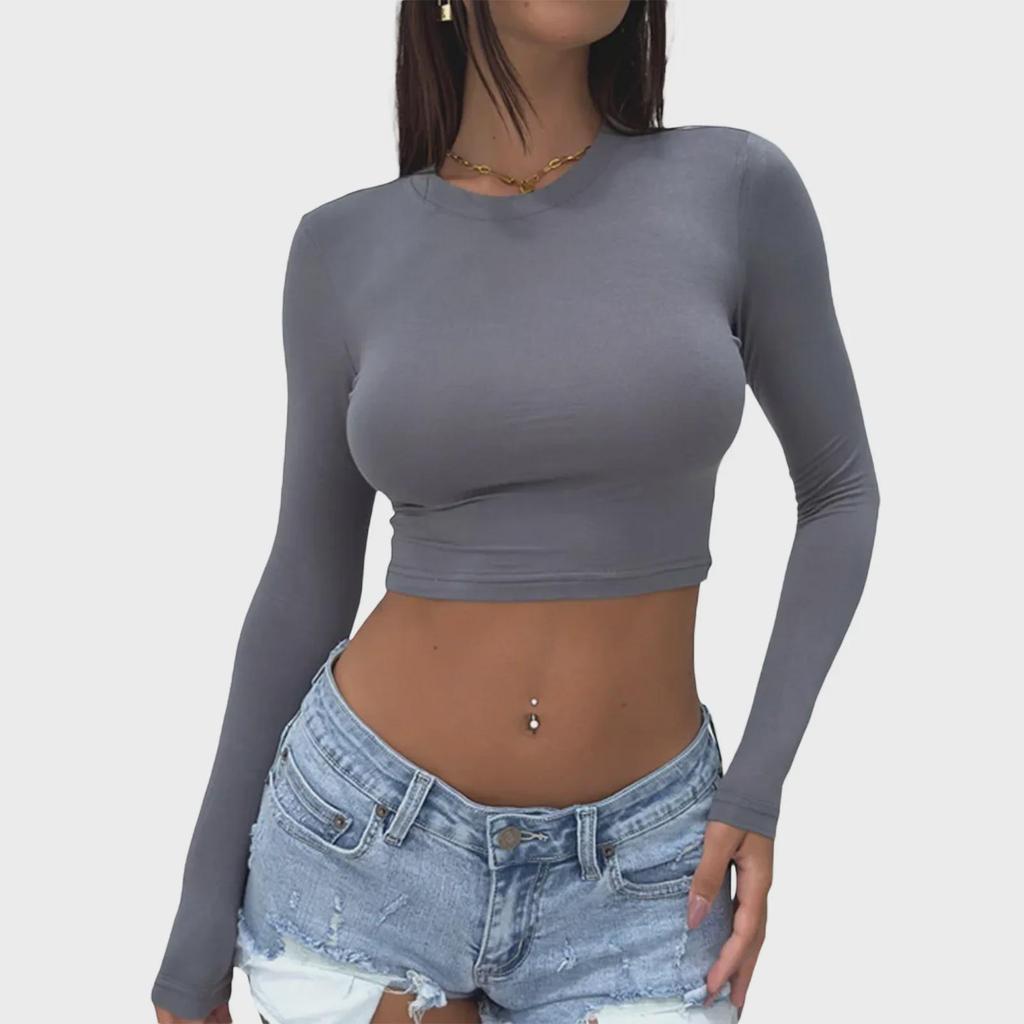 2025 Pure Desire Women's Round Neck Long Sleeve Crop Top - Slimming & Stylish for Spring and Autumn