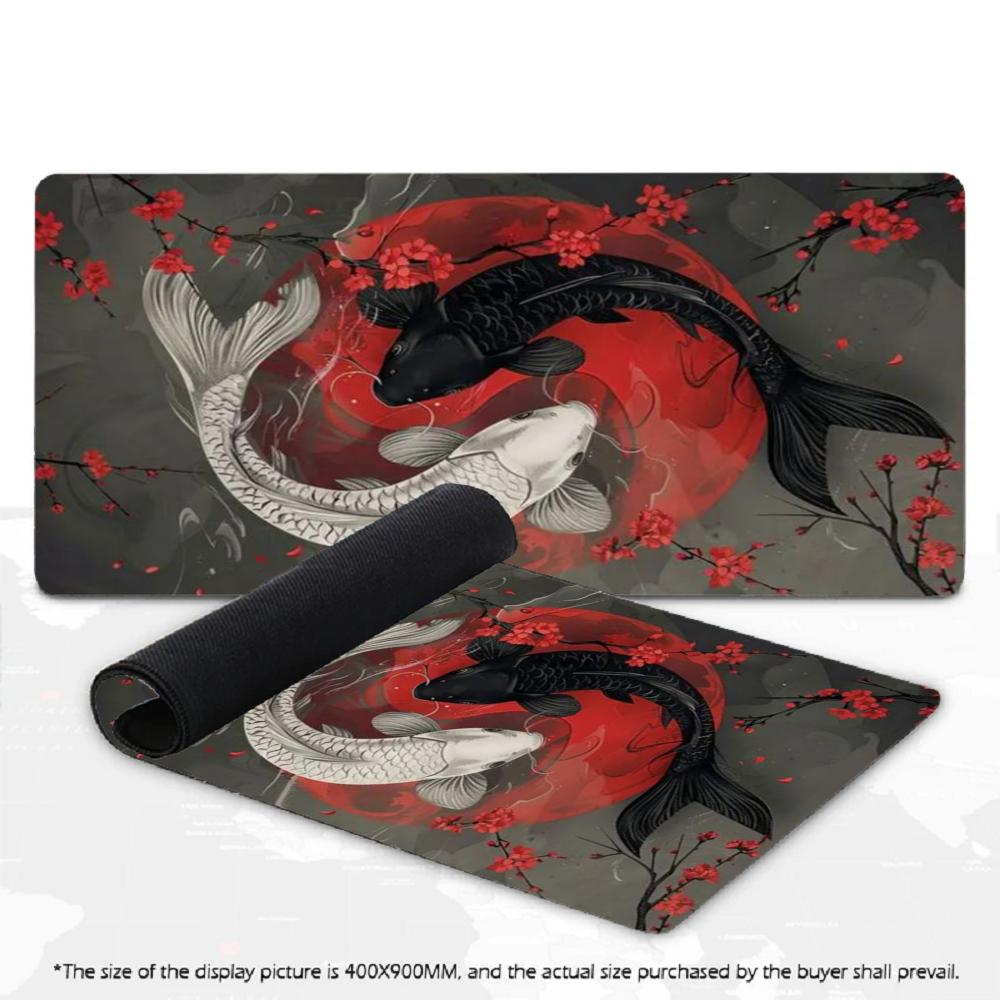 Japanese Yin Yang Koi Fish XXL Large Mouse Pad Ink Wash Cherry Blossom Desk Mat Non-Slip Rubber for Gaming Office Home Desktop