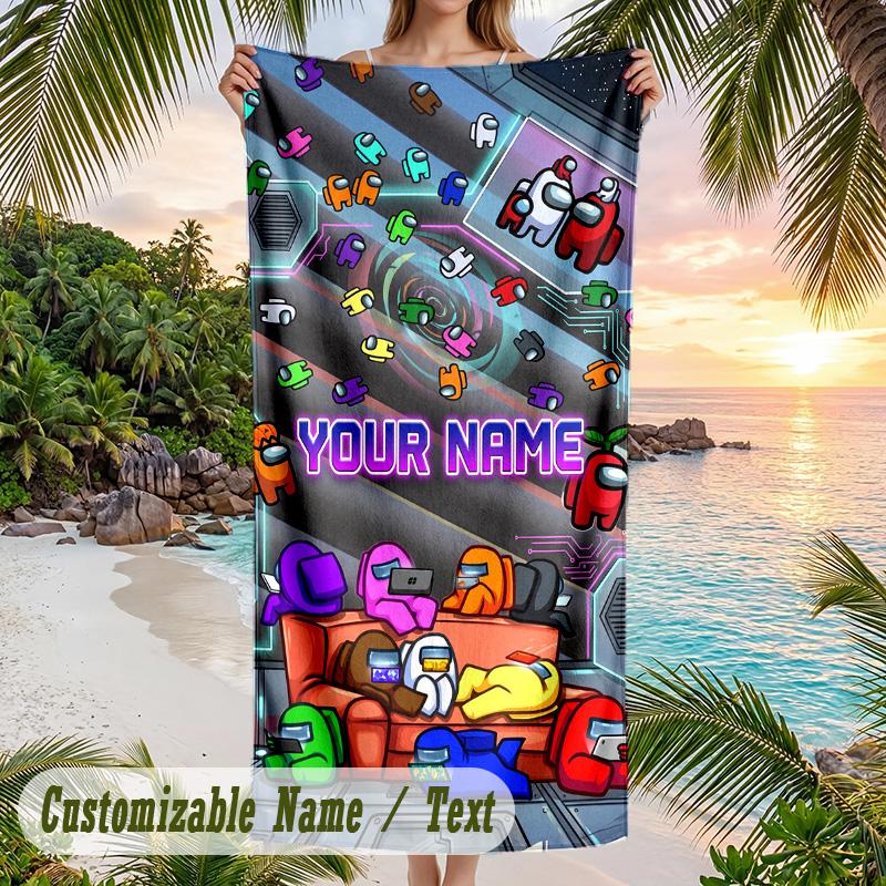 Among Us Beach Towel, Personalized Custom Text, Quick Dry Soft Large Towel For Swimming Pool Travel
