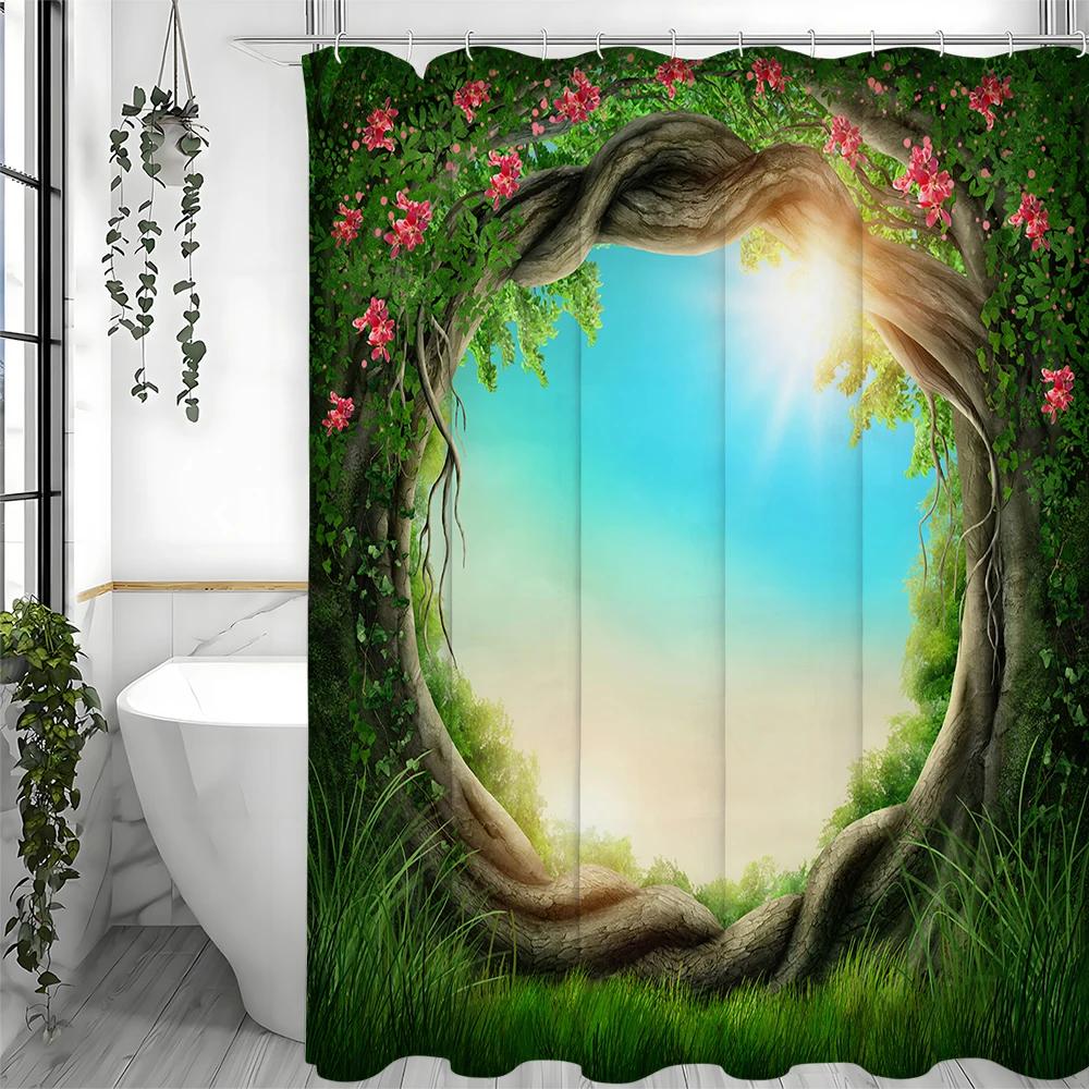 Tree Hole Tree Flower Plant Shower Curtain, Bathroom Decorative Shower Curtain, Waterproof Shower Curtain With Hooks